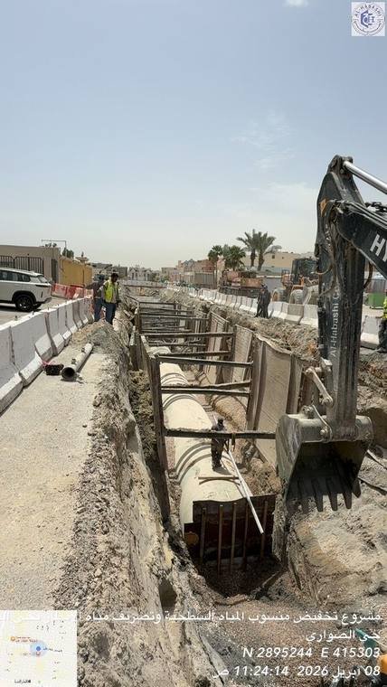شركة وادي البناء الحديث – حفر مسار الخط بمساندة المعدات الثقيلة ضمن مشروع تصريف الأمطار.